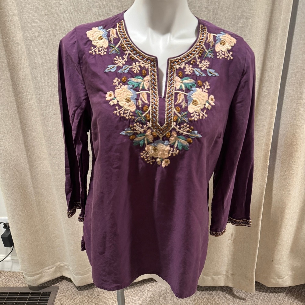 Bohemian Embroidered Tunic Top with Beaded Neckline – Purple – Women's Medium